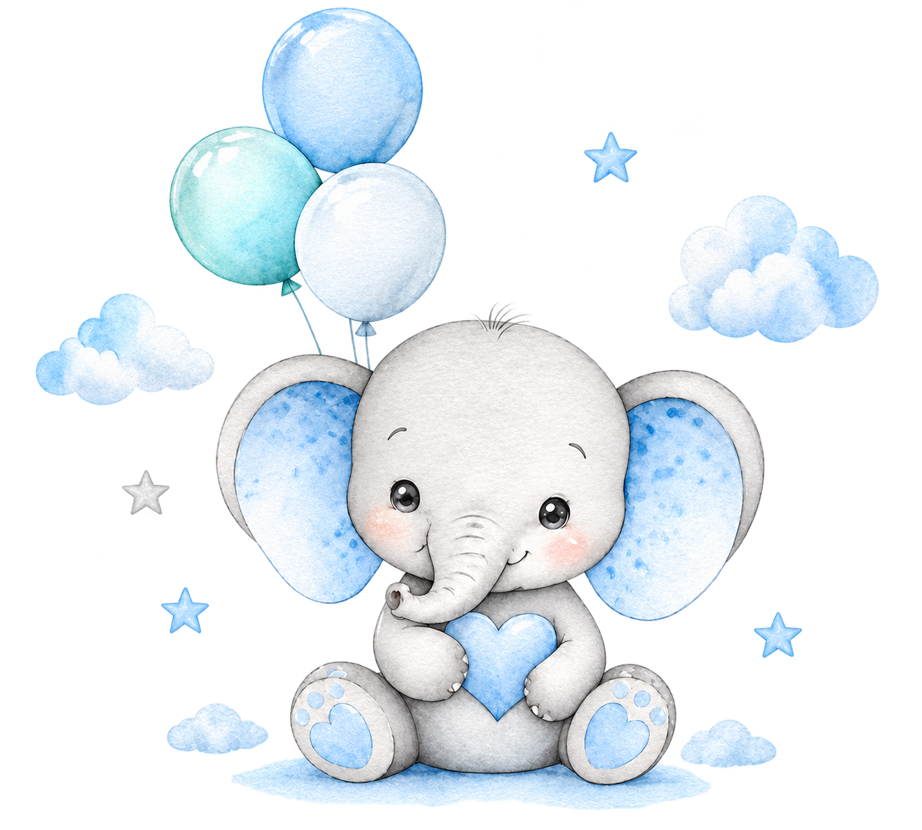 Tierno elefantito de acuarela con globos celestes